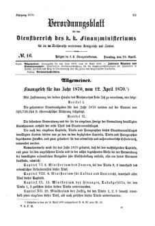 Verordnungsblatt für den Dienstbereich des K.K. Finanzministeriums für die im Reichsrate Vertretenen Königreiche und Länder 18700419 Seite: 1