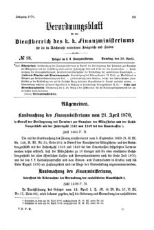 Verordnungsblatt für den Dienstbereich des K.K. Finanzministeriums für die im Reichsrate Vertretenen Königreiche und Länder 18700430 Seite: 1