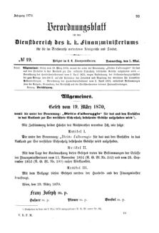 Verordnungsblatt für den Dienstbereich des K.K. Finanzministeriums für die im Reichsrate Vertretenen Königreiche und Länder 18700505 Seite: 1