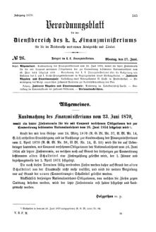 Verordnungsblatt für den Dienstbereich des K.K. Finanzministeriums für die im Reichsrate Vertretenen Königreiche und Länder 18700627 Seite: 1