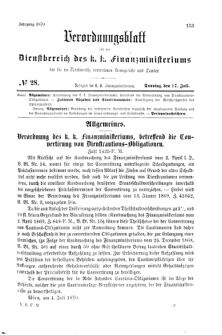 Verordnungsblatt für den Dienstbereich des K.K. Finanzministeriums für die im Reichsrate Vertretenen Königreiche und Länder 18700717 Seite: 1