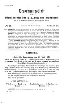 Verordnungsblatt für den Dienstbereich des K.K. Finanzministeriums für die im Reichsrate Vertretenen Königreiche und Länder 18700730 Seite: 1