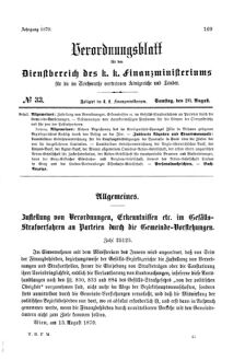 Verordnungsblatt für den Dienstbereich des K.K. Finanzministeriums für die im Reichsrate Vertretenen Königreiche und Länder 18700820 Seite: 1