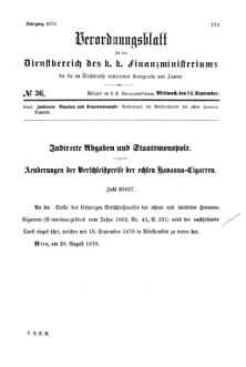 Verordnungsblatt für den Dienstbereich des K.K. Finanzministeriums für die im Reichsrate Vertretenen Königreiche und Länder 18700914 Seite: 1