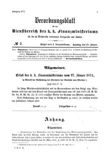 Verordnungsblatt für den Dienstbereich des K.K. Finanzministeriums für die im Reichsrate Vertretenen Königreiche und Länder 18710128 Seite: 1