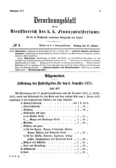 Verordnungsblatt für den Dienstbereich des K.K. Finanzministeriums für die im Reichsrate Vertretenen Königreiche und Länder 18710131 Seite: 1