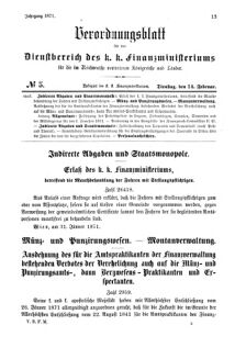 Verordnungsblatt für den Dienstbereich des K.K. Finanzministeriums für die im Reichsrate Vertretenen Königreiche und Länder 18710214 Seite: 1