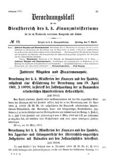 Verordnungsblatt für den Dienstbereich des K.K. Finanzministeriums für die im Reichsrate Vertretenen Königreiche und Länder 18710407 Seite: 1