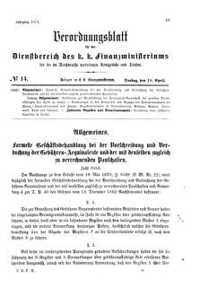 Verordnungsblatt für den Dienstbereich des K.K. Finanzministeriums für die im Reichsrate Vertretenen Königreiche und Länder 18710418 Seite: 1