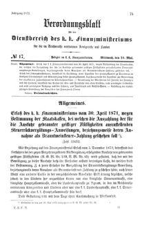 Verordnungsblatt für den Dienstbereich des K.K. Finanzministeriums für die im Reichsrate Vertretenen Königreiche und Länder 18710510 Seite: 1