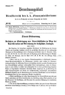 Verordnungsblatt für den Dienstbereich des K.K. Finanzministeriums für die im Reichsrate Vertretenen Königreiche und Länder 18710622 Seite: 1