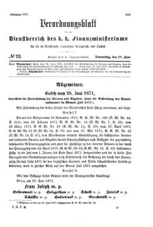 Verordnungsblatt für den Dienstbereich des K.K. Finanzministeriums für die im Reichsrate Vertretenen Königreiche und Länder 18710629 Seite: 1