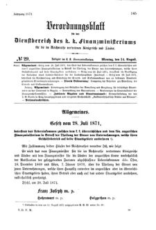 Verordnungsblatt für den Dienstbereich des K.K. Finanzministeriums für die im Reichsrate Vertretenen Königreiche und Länder 18710814 Seite: 1