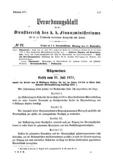 Verordnungsblatt für den Dienstbereich des K.K. Finanzministeriums für die im Reichsrate Vertretenen Königreiche und Länder 18710911 Seite: 1