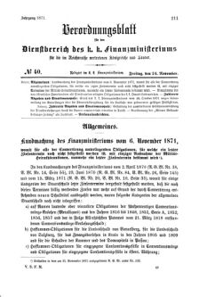 Verordnungsblatt für den Dienstbereich des K.K. Finanzministeriums für die im Reichsrate Vertretenen Königreiche und Länder 18711124 Seite: 1