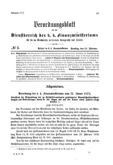 Verordnungsblatt für den Dienstbereich des K.K. Finanzministeriums für die im Reichsrate Vertretenen Königreiche und Länder 18720224 Seite: 1