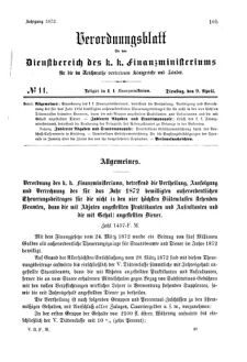 Verordnungsblatt für den Dienstbereich des K.K. Finanzministeriums für die im Reichsrate Vertretenen Königreiche und Länder 18720409 Seite: 1