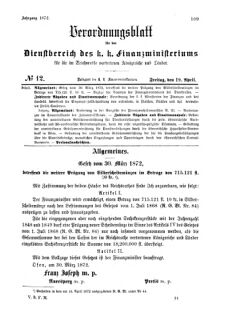 Verordnungsblatt für den Dienstbereich des K.K. Finanzministeriums für die im Reichsrate Vertretenen Königreiche und Länder 18720419 Seite: 1