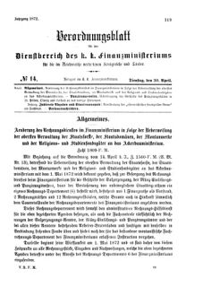 Verordnungsblatt für den Dienstbereich des K.K. Finanzministeriums für die im Reichsrate Vertretenen Königreiche und Länder 18720430 Seite: 1