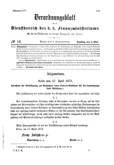 Verordnungsblatt für den Dienstbereich des K.K. Finanzministeriums für die im Reichsrate Vertretenen Königreiche und Länder 18720504 Seite: 1