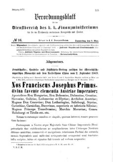 Verordnungsblatt für den Dienstbereich des K.K. Finanzministeriums für die im Reichsrate Vertretenen Königreiche und Länder 18720509 Seite: 1