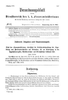 Verordnungsblatt für den Dienstbereich des K.K. Finanzministeriums für die im Reichsrate Vertretenen Königreiche und Länder 18720516 Seite: 1