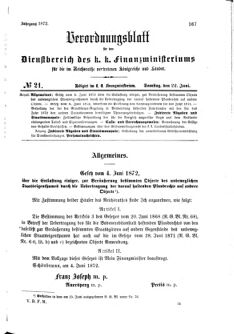 Verordnungsblatt für den Dienstbereich des K.K. Finanzministeriums für die im Reichsrate Vertretenen Königreiche und Länder 18720622 Seite: 1