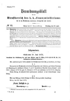 Verordnungsblatt für den Dienstbereich des K.K. Finanzministeriums für die im Reichsrate Vertretenen Königreiche und Länder 18720730 Seite: 1