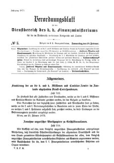 Verordnungsblatt für den Dienstbereich des K.K. Finanzministeriums für die im Reichsrate Vertretenen Königreiche und Länder 18730220 Seite: 1