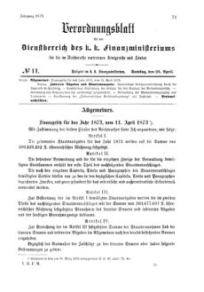 Verordnungsblatt für den Dienstbereich des K.K. Finanzministeriums für die im Reichsrate Vertretenen Königreiche und Länder 18730426 Seite: 1