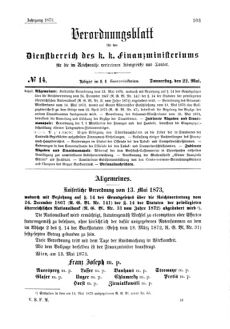 Verordnungsblatt für den Dienstbereich des K.K. Finanzministeriums für die im Reichsrate Vertretenen Königreiche und Länder 18730522 Seite: 1