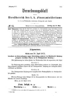 Verordnungsblatt für den Dienstbereich des K.K. Finanzministeriums für die im Reichsrate Vertretenen Königreiche und Länder 18730530 Seite: 1