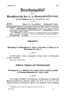 Verordnungsblatt für den Dienstbereich des K.K. Finanzministeriums für die im Reichsrate Vertretenen Königreiche und Länder 18730617 Seite: 1