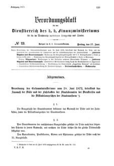 Verordnungsblatt für den Dienstbereich des K.K. Finanzministeriums für die im Reichsrate Vertretenen Königreiche und Länder 18730627 Seite: 1