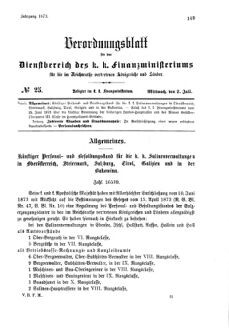 Verordnungsblatt für den Dienstbereich des K.K. Finanzministeriums für die im Reichsrate Vertretenen Königreiche und Länder 18730702 Seite: 1