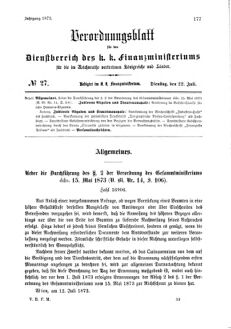 Verordnungsblatt für den Dienstbereich des K.K. Finanzministeriums für die im Reichsrate Vertretenen Königreiche und Länder 18730722 Seite: 1