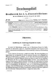 Verordnungsblatt für den Dienstbereich des K.K. Finanzministeriums für die im Reichsrate Vertretenen Königreiche und Länder 18730927 Seite: 1