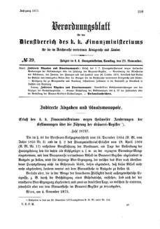 Verordnungsblatt für den Dienstbereich des K.K. Finanzministeriums für die im Reichsrate Vertretenen Königreiche und Länder 18731129 Seite: 1