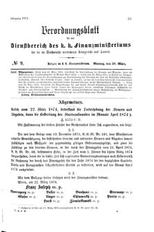 Verordnungsblatt für den Dienstbereich des K.K. Finanzministeriums für die im Reichsrate Vertretenen Königreiche und Länder 18740330 Seite: 1