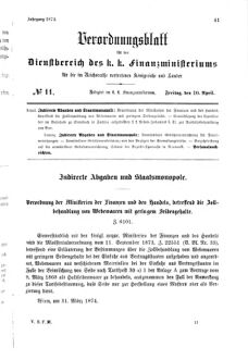 Verordnungsblatt für den Dienstbereich des K.K. Finanzministeriums für die im Reichsrate Vertretenen Königreiche und Länder 18740410 Seite: 1