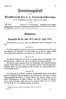 Verordnungsblatt für den Dienstbereich des K.K. Finanzministeriums für die im Reichsrate Vertretenen Königreiche und Länder 18740430 Seite: 1