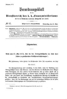 Verordnungsblatt für den Dienstbereich des K.K. Finanzministeriums für die im Reichsrate Vertretenen Königreiche und Länder 18740528 Seite: 1