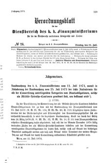 Verordnungsblatt für den Dienstbereich des K.K. Finanzministeriums für die im Reichsrate Vertretenen Königreiche und Länder 18740728 Seite: 1