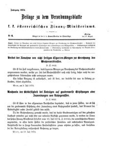 Verordnungsblatt für den Dienstbereich des K.K. Finanzministeriums für die im Reichsrate Vertretenen Königreiche und Länder 18740817 Seite: 1