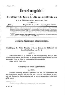 Verordnungsblatt für den Dienstbereich des K.K. Finanzministeriums für die im Reichsrate Vertretenen Königreiche und Länder 18740910 Seite: 1