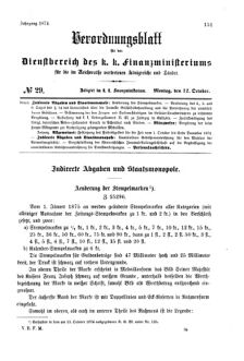 Verordnungsblatt für den Dienstbereich des K.K. Finanzministeriums für die im Reichsrate Vertretenen Königreiche und Länder 18741012 Seite: 1