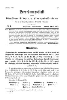 Verordnungsblatt für den Dienstbereich des K.K. Finanzministeriums für die im Reichsrate Vertretenen Königreiche und Länder 18750321 Seite: 1