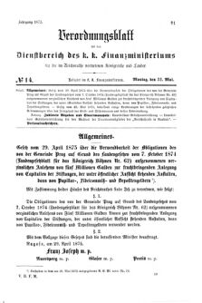 Verordnungsblatt für den Dienstbereich des K.K. Finanzministeriums für die im Reichsrate Vertretenen Königreiche und Länder 18750531 Seite: 1