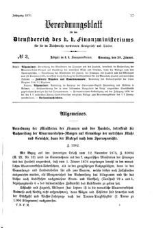 Verordnungsblatt für den Dienstbereich des K.K. Finanzministeriums für die im Reichsrate Vertretenen Königreiche und Länder 18760130 Seite: 1