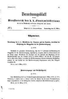 Verordnungsblatt für den Dienstbereich des K.K. Finanzministeriums für die im Reichsrate Vertretenen Königreiche und Länder 18760323 Seite: 1